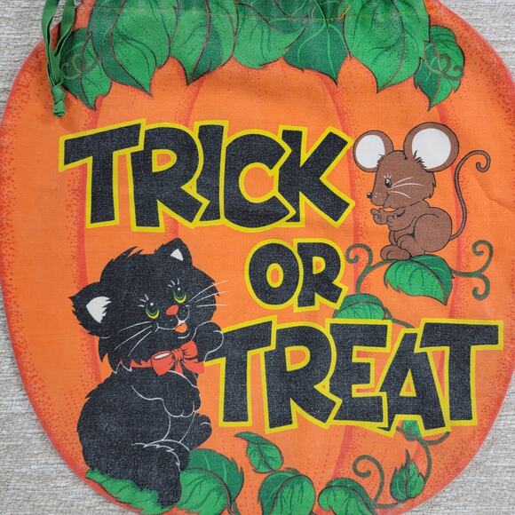 VTG Handmade Trick or Treat Bag Drawstring 15" Orange Black Cat Halloween Candy - Picture 3 of 14